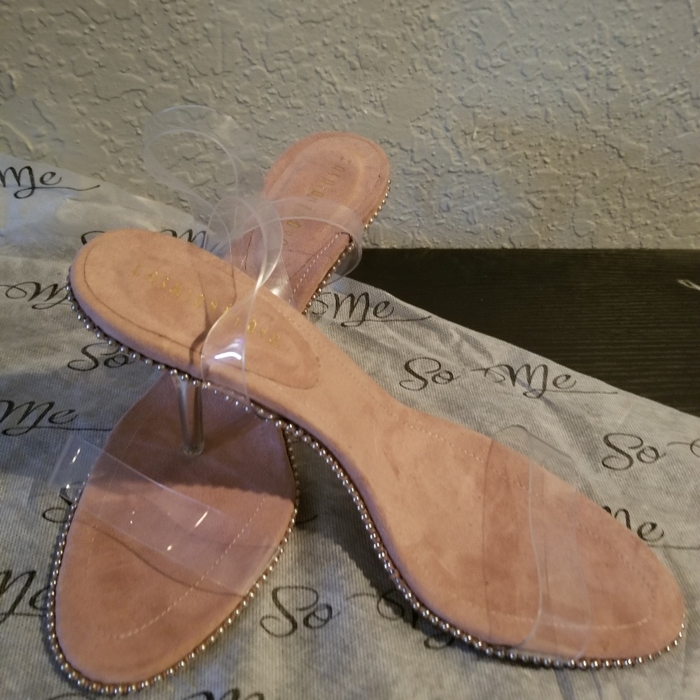 Super cute nude sole with clear straps short heel